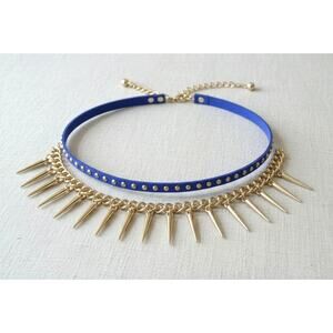 Carisma Gold Tone Spike + Blue Suede & Gold Stud Choker 2 Piece Necklace Set